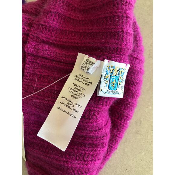 Portolano Cashmere/Extra FineWool/ Silk Blend Beanie Rabbit Fur Pom in Purple-OS - Picture 4 of 4